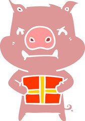 angry flat color style cartoon pig with christmas gift