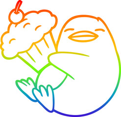 rainbow gradient line drawing cartoon penguin with cupcake
