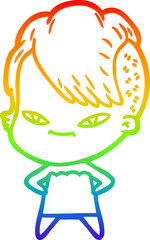 rainbow gradient line drawing cute cartoon girl with hipster haircut