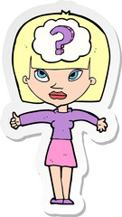 sticker of a cartoon woman with question