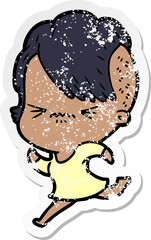 distressed sticker of a cartoon annoyed hipster girl