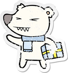 distressed sticker of a cartoon angry polar bear with xmas present