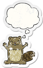 cartoon beaver and thought bubble as a distressed worn sticker
