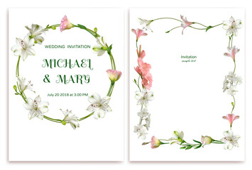 Beautiful white and pink flowers. Floral background. Wedding invitation. Lilies. Eustoma. Lisianthus. Green leaves. Roses. Bouquet. Wreath. Postcard.