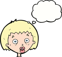 cartoon shocked woman with thought bubble