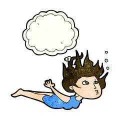 cartoon woman swimming underwater with thought bubble