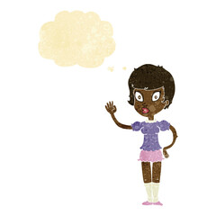 cartoon pretty girl waving with thought bubble