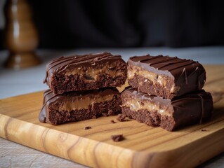 Chocolate cake on a wooden board with dark background. Toned.