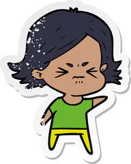 distressed sticker of a cartoon angry girl