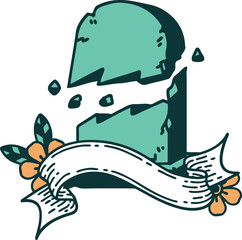 tattoo with banner of a broken grave stone