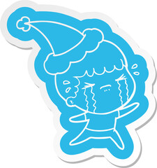 cartoon  sticker of a man crying wearing santa hat