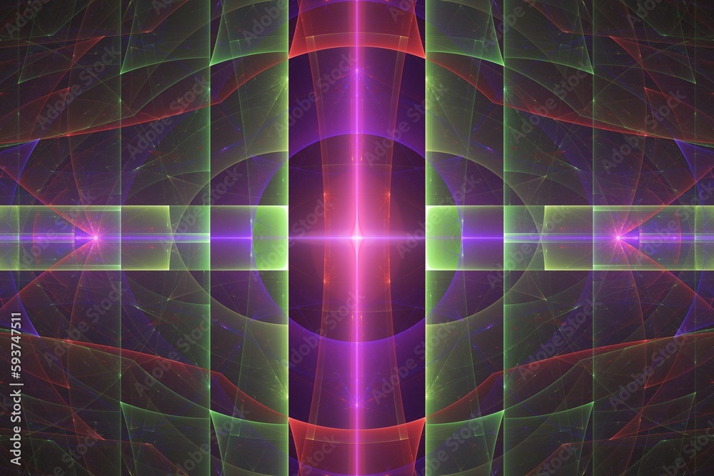 Wall mural violet green glowing pattern of curved waves and shapes on a black background. abstract fractal 3d r
