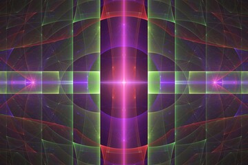 Violet green glowing pattern of curved waves and shapes on a black background. Abstract fractal 3D rendering