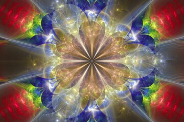 Multicolored bright floral pattern of crooked waves on a black background. Abstract fractal 3D rendering