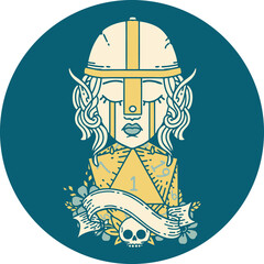 crying elf fighter character face with natural one D20 roll illustration