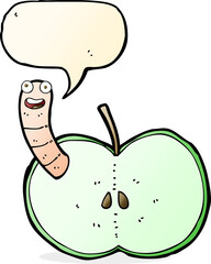 cartoon apple with worm with speech bubble