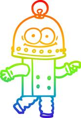 rainbow gradient line drawing happy carton robot with light bulb