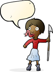 cartoon woman with spear sticking out tongue with speech bubble