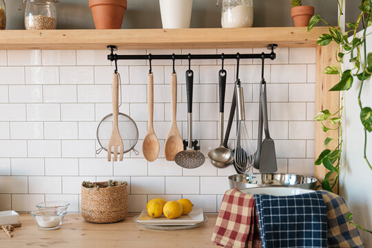 Cutlery and cookware in a kitchen