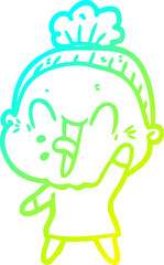cold gradient line drawing cartoon happy old woman