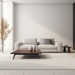 A minimalist living room with just a simple sofa, a low coffee table, and a large area rug.