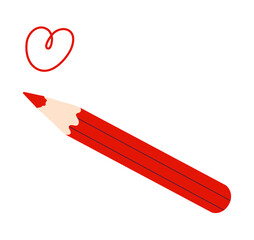 Red colored pencil with doodle heart. Crayon drawing, scribble. Art, creating, education, love concept. Vector illustration isolated on transparent background