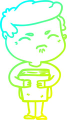 cold gradient line drawing cartoon annoyed man with book