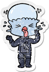 distressed sticker of a weird cartoon alien