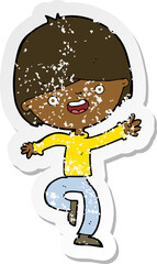 retro distressed sticker of a cartoon happy boy dancing