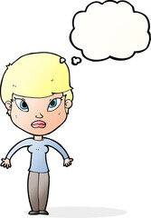 cartoon woman shrugging shoulders with thought bubble