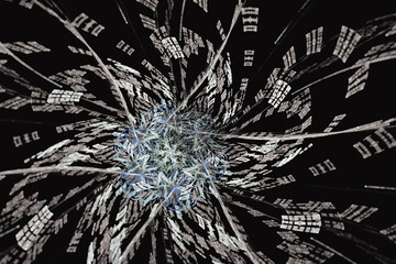 Gray floral pattern of crooked waves and shapes on a black background. Abstract fractal 3D rendering