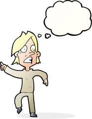 cartoon worried man pointing with thought bubble