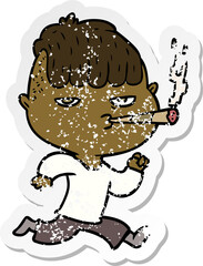 distressed sticker of a cartoon man smoking whilst running