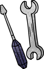 textured cartoon doodle of a spanner and a screwdriver