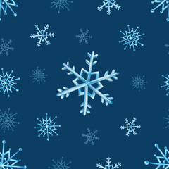 Watercolor seamless pattern with snowflakes. Hand painting on an isolated background. For designers, decoration, postcards, wrapping paper, scrapbooking, covers, invitations, posters and textile