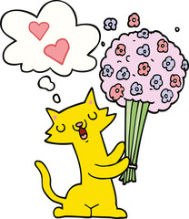 cartoon cat in love with flowers and thought bubble