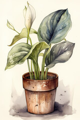 Botanical Watercolor Illustration of Arum in Pot. Generative AI