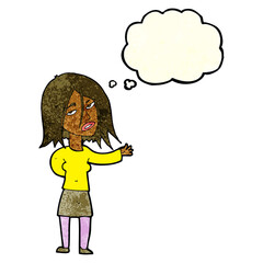 cartoon unhappy woman with thought bubble