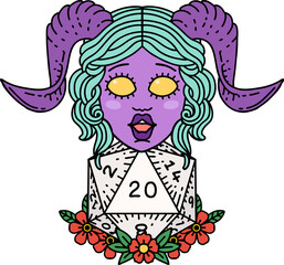 tiefling with natural twenty dice roll illustration