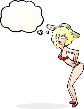 cartoon pin-up beach girl with thought bubble