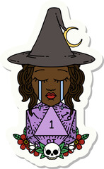 crying human witch with natural one D20 dice roll sticker