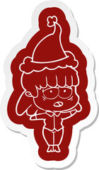 cartoon  sticker of a tired woman wearing santa hat