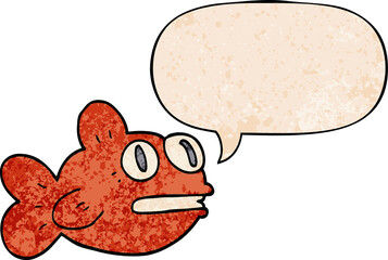 cartoon fish and speech bubble in retro texture style