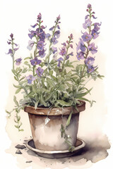 Botanical Watercolor Illustration of Beardtongue in Pot. Generative AI