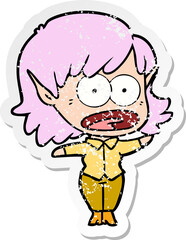 distressed sticker of a cartoon shocked elf girl