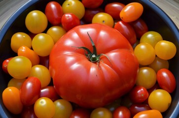 Different varieties of tomatoes: a red tomato surrounded by cherry tomatoes: red, orange and yellow cherry tomatoes, in a black round dish.