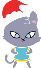 cute flat color illustration of a cat wearing santa hat