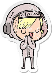 distressed sticker of a cartoon astronaut woman