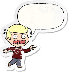cartoon stressed out pointing and speech bubble distressed sticker