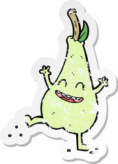 retro distressed sticker of a cartoon happy dancing pear